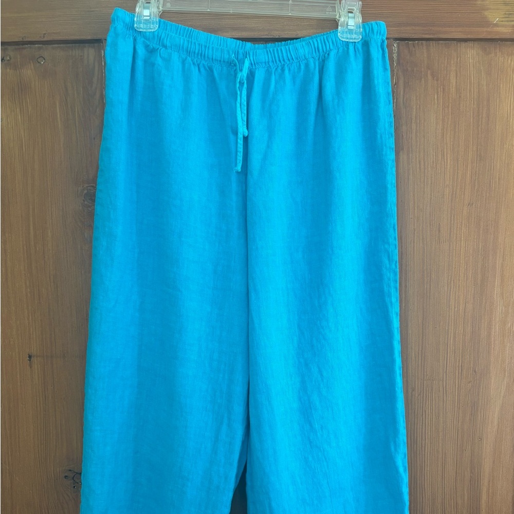 USA Vintage Hot Cotton Petite Turquoise Wide-Leg Linen Cropped Pants M